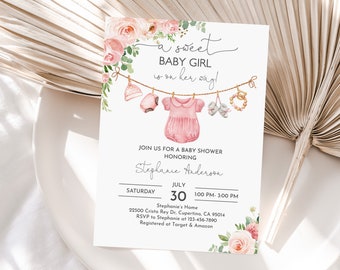 Girl Baby Clothes Baby shower Invitation A sweet baby Girl is on her way Laundry Pink Floral Boho baby Editable Printable Download Bab215