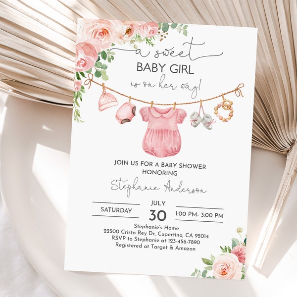 Girl Baby Clothes Baby shower Invitation A sweet baby Girl is on her way Laundry Pink Floral Boho baby Editable Printable Download Bab215