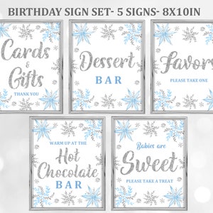 Snowflake Sign Set Winter Birthday Party Sign Bundle Table Decor Winter Wonderland Blue Silver Boy Girl EDITABLE Download Bir42