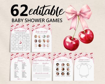 Baby Shower Games: Cherry Theme Editable Bundle (62 Cards Bab349)