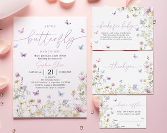 May include: A baby shower invitation with a watercolor butterfly design. The invitation is for Sophia Elise and is on February 21st at 1:00 PM. The invitation includes the address and RSVP information. The invitation also includes a books for baby card and a diaper raffle card.