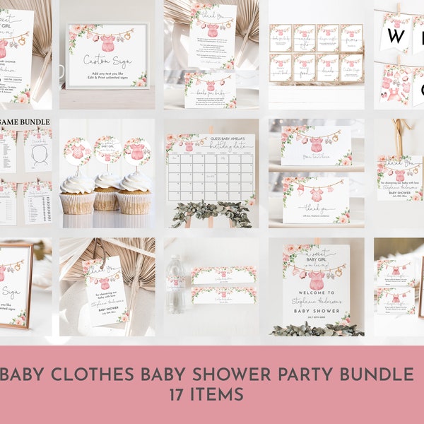 Editable Baby Clothes Baby shower Bundle Laundry party Pink floral Invite Package A sweet baby Girl is on his way Printable Download Bab215