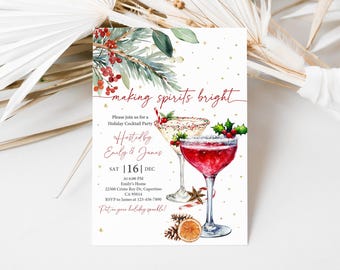 Può includere: Un invito bianco con glitter dorati e illustrazioni ad acquerello rosso e verde di cocktail e agrifoglio. Il testo recita "making spirits bright" e include i dettagli per un party di cocktail natalizio ospitato da Emily & James il 16 dicembre alle 18:00.