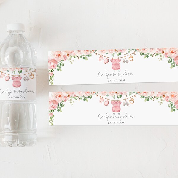 Baby Clothes Water Bottle Label Laundry Baby shower water bottle wrapper template Boho Girl Pink Floral Editable Printable Download Bab215