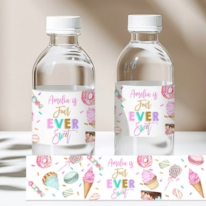 Vier immer süße Geburtstagswasserflaschenetikett 4. Geburtstag Candy Cupcake Donut Pastell Süßwasserwrapper Bearbeitbare Druckbare Download Bir339