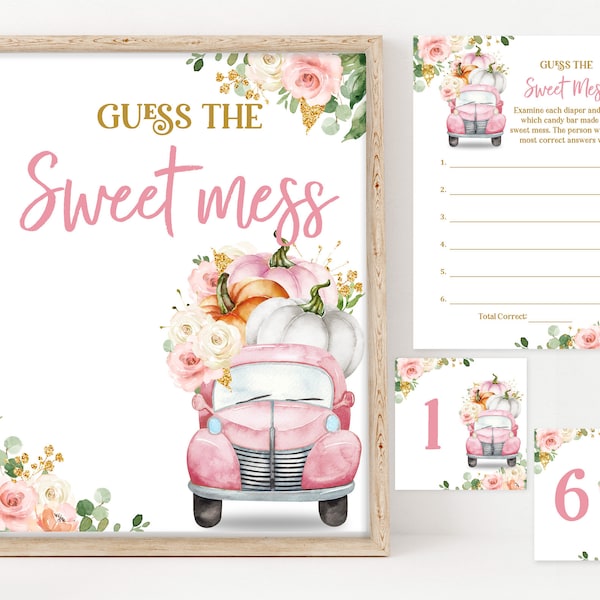 Guess The Sweet Mess Game Pink pumpkin truck Baby Shower Game Fall Autumn Baby Shower Dirty Diaper Candy Bar Game Printable Download Bab103