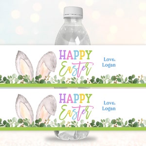 Étiquette de bouteille d'eau lapin de Pâques fête de Pâques emballage d'eau enfants école cadeau étiquette garçon verdure faveur de printemps modifiable imprimable téléchargement Ea4