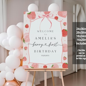 Beere Erster Geburtstag Willkommen Zeichen Printable Erdbeere ersten Geburtstag Zeichen Mädchen 1. Geburtstag Willkommensschild Rosa und rote Beere Bir429