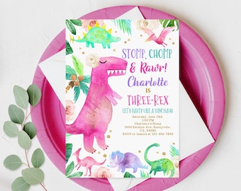 Dinosaur Birthday Invitation: Pink and Gold Glitter Editable Bir248