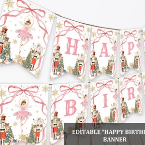 Puede incluir: Una pancarta festiva con el tema "Feliz Cumpleaños". El diseño presenta ilustraciones de una bailarina, un cascanueces y un rey ratón, con lazos rosas y detalles dorados. Ideal para una fiesta de cumpleaños.