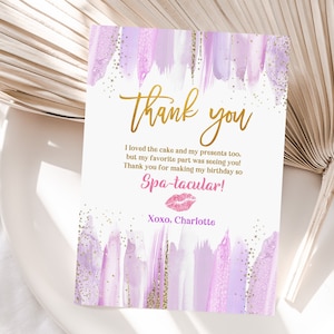 Spa Geburtstag Dankeskarte Makeup Party Dankeschön Spa Sleepover Glam Party Girl Gold Lila Pink Bearbeitbare Printable Download Bir361