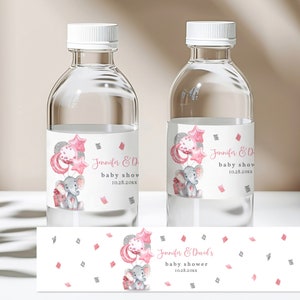 Elephant baby shower Water Bottle Wrappers Pink balloon Elephant water label Girl Jungle Pink silver Sprinkle Editable Printable Bab69