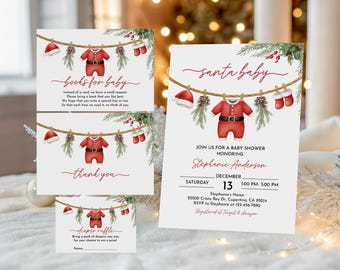 May include: A set of Christmas-themed baby shower invitations and inserts. The invitations feature a red Santa suit, hat, and mittens hanging on a clothesline. The text includes "Santa Baby," "Books for Baby," and "Diaper Raffle."