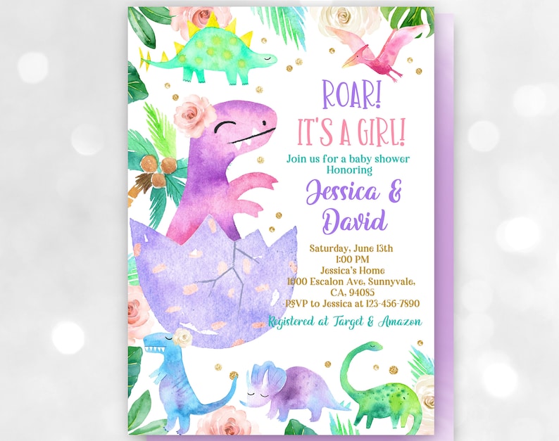 Girl Dinosaur baby shower Invitation Rainbow gold floral Dino Shower EDITABLE Download Bab113