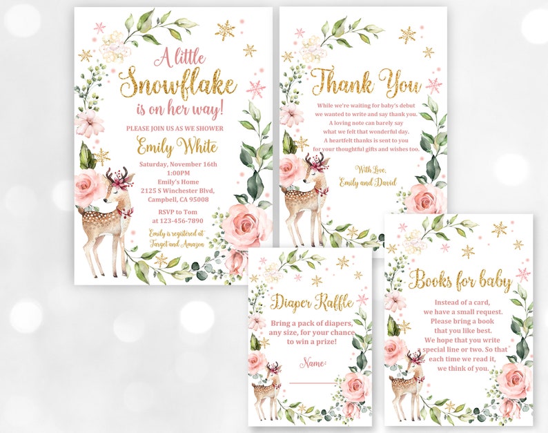 Winter wonderland baby shower invitation Set Floral Deer Invite set Download All EDITABLE Bab46 image 1