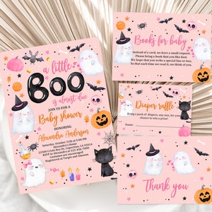 Un piccolo Boo Baby Shower Invitation Bundle Halloween Baby Shower Invite set Carino rosa fantasma Spooktacular Modificabile Stampabile Scarica Haba4