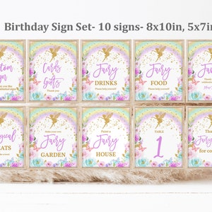 Set di cartelli per feste di compleanno delle fate modificabili, decorazioni per pacchetti di cartelli delle fate, foresta incantata, arcobaleno floreale, glitter oro, ragazza 1a stampabile Bir274