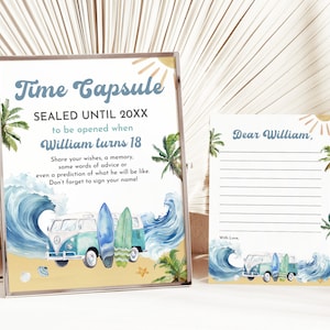 Cápsula del tiempo para fiesta de surf Letrero y letra editables Decoraciones de cumpleaños para surfistas Fiesta de surf en la playa Imprimible para primer cumpleaños de niño retro Bir345