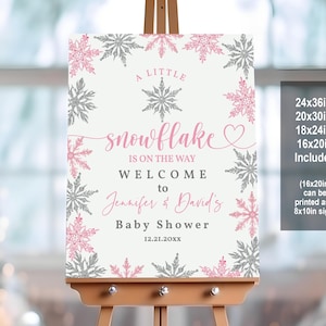 Snowflake baby shower welcome sign Winter Baby Shower poster A Little Snowflake is on the way Pink silver Editable Printable Download Bab173