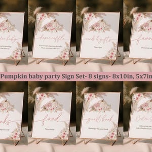 Conjunto de placas de mesa para chá de bebê de abóbora, pacote de placas de capim-dos-pampas, editável, para impressão, decoração boho floral rosa de outono rústica, menina Bab251