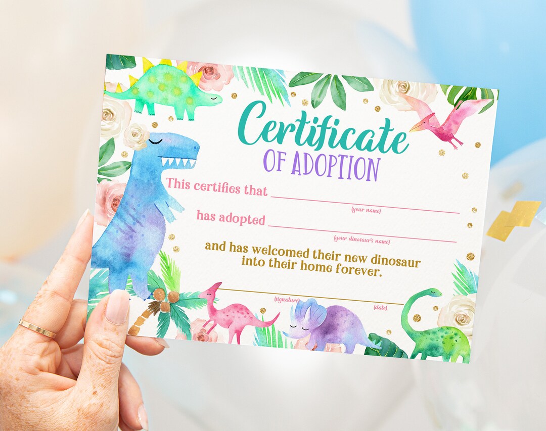 Dinosaur Adoption Certificate Dinosaur Birthday Favor Dino Party Decor ...