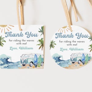 Etiqueta redonda quadrada para festa de aniversário, etiqueta para menino, o grande, editável, surf up beach, etiqueta para menino, van, adesivo de agradecimento para impressão Bir492