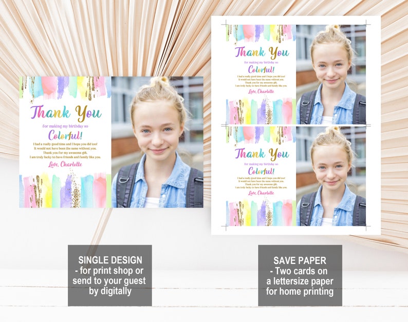 Rainbow Pastel Art Birthday Thank You Card - Editable Photo Template ...
