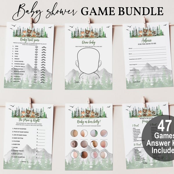 Let the Adventure Begin Baby Shower Games Bundle Woodland Animals Game set Forest Pine Trees Mountain Editable Printable Download Bab194