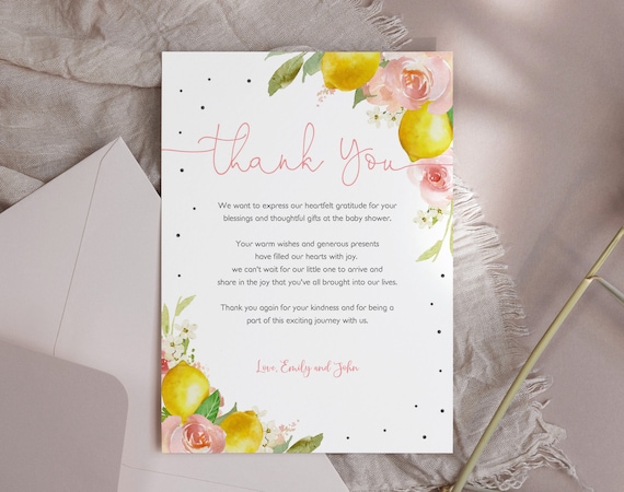 Thank You Card: Lemon Citrus Baby Shower (Pink Floral, Editable Bab189)