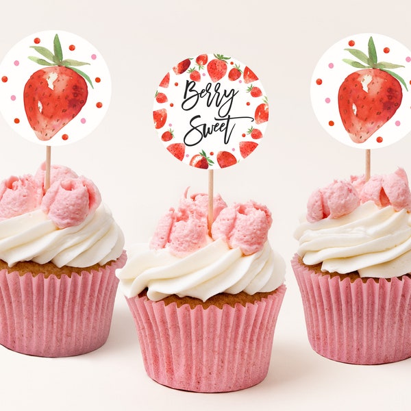 Strawberry cupcake topper printable Strawberry Birthday Favor Tags Baby shower Girl 1st Decor Berry Sweet Editable Download Bab181 Bir278