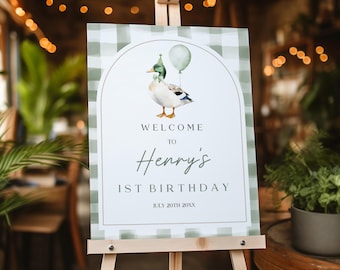Geburtstag Willkommensschild: One Lucky Duck Design (veränderbare grüne Stockente Bir511)