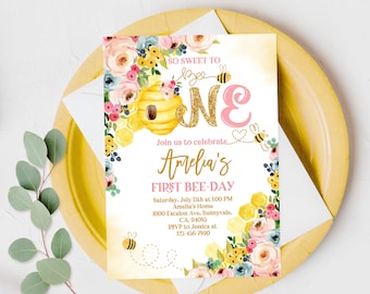 Bee Birthday Invitation 1st Birthday Invite Yellow Bee Honey