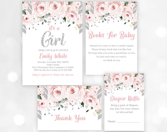 Pink silver floral baby shower Invitation set  It's a girl set  EDITABLE, Download  Bab95