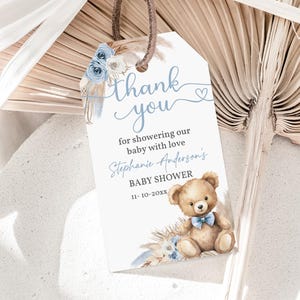 Bearbeitbarer Blauer Pampas Grass Bär Baby Shower Favor Tag Blue Boy Boho Bear Boho Danke Tags Printable Geschenkanhänger Favor tag Bab277