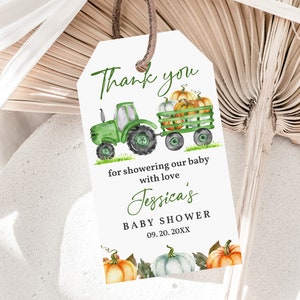 Étiquette de douche de bébé tracteur vert ferme automne citrouille tracteur étiquette de faveur fête de naissance fête de remerciement étiquette de remerciement basse-cour modifiable garçon imprimable Bab19