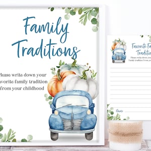 Lieblings-Familientraditionsspiel Kürbis-Truck-Babyparty-Spielschild Karte Blauer LKW-Junge-Babyparty-Aktivität Editierbarer Download Bab102