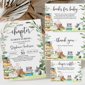 Storybook Baby Shower Invitation Set Chapter Book Printable Book theme Invite Bundle Gender neutral Greenery Rabbit Editable Download Bab217