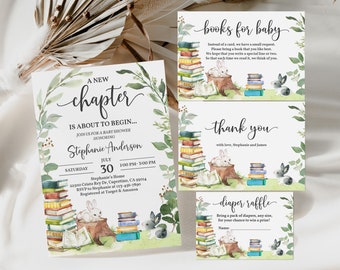 Storybook Baby Shower Invitation Set Chapter Book Printable Book theme Invite Bundle Gender neutral Greenery Rabbit Editable Download Bab217