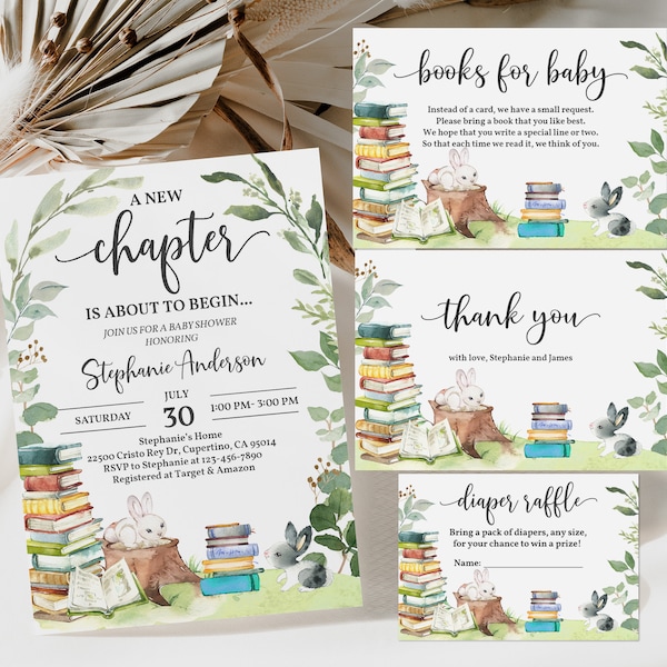 Storybook Baby Shower Invitation Set Chapter Book Printable Book theme Invite Bundle Gender neutral Greenery Rabbit Editable Download Bab217