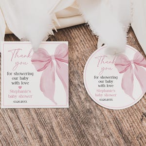 Pink bow favor tag round Editable Pink bow Coquette Baby Shower favor sticker tag Thank you tag Party favor Cookie sticker Printable Bab335