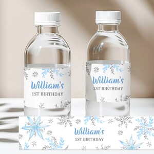 Étiquette hiver flocon de neige pour bouteille d'eau Emballage pour bouteille d'eau bleu Autocollant pour bouteille d'eau Winter Boy 1er anniversaire MODIFIABLE Télécharger Bir42