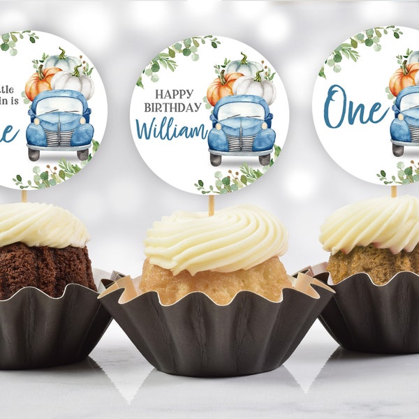 Pumpkin truck Birthday cupcake topper  Blue truck  EDITABLE, Download  Bir230