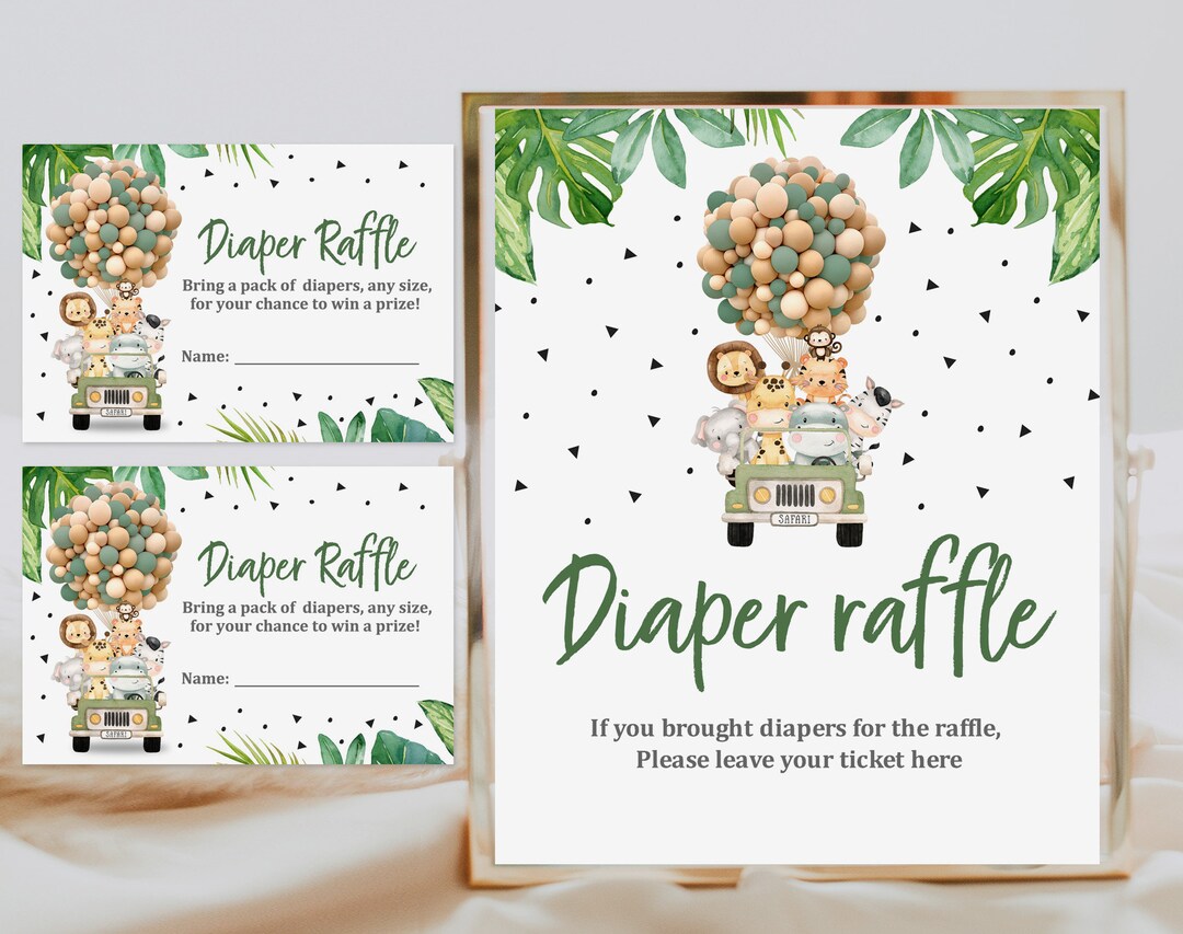 Diaper Raffle Tickets and Sign Jungle Baby Shower Game Jungle Animals ...