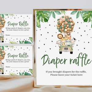 Biglietti della lotteria dei pannolini e cartello Jungle Baby Shower Game Jungle Animals Safari Game Digital Gender Neutral Modificabile Stampabile Scarica Bab153