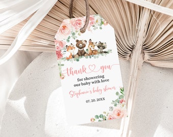 Baby Shower Favor Tags: Woodland Animals and Pink Floral Girl (Editable PDF Bab210)