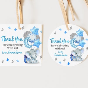 Elefant-Babyparty-Favor-Tag Danke, Etikett Blau Silber Konfetti Jungen-Aufkleber Geburtstag rundes quadratisches Tag bearbeitbares druckbares Bab62