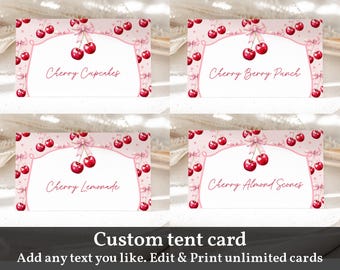 Coquette Party Place Cards: Cherry Food Tents - Editable Printable PDF Bir488