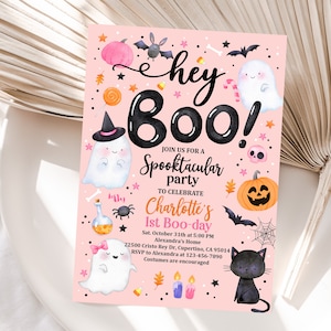 Halloween Pink Ghost Birthday Invitation Hey Boo Ghost Party Spooktacular Halloween Party Girly Cute Editable Printable Download Hab1