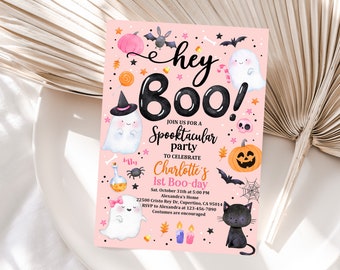 Halloween Pink Ghost Birthday Invitation Hey Boo Ghost Party Spooktacular Halloween Party Girly Cute Editable Printable Download Hab1