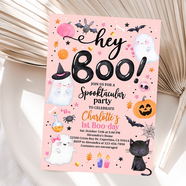 Halloween Pink Ghost Birthday Invitation Hey Boo Ghost Party Spooktacular Halloween Party Girly Cute Editable Printable Download Hab1